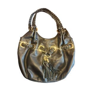 Michael Kors black leather hobo braided handle shoulder bag bucket tassel